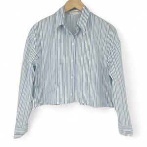 PinkYotto‎ New York Striped Cropped Button Down Collared Shirt Split Back Medium